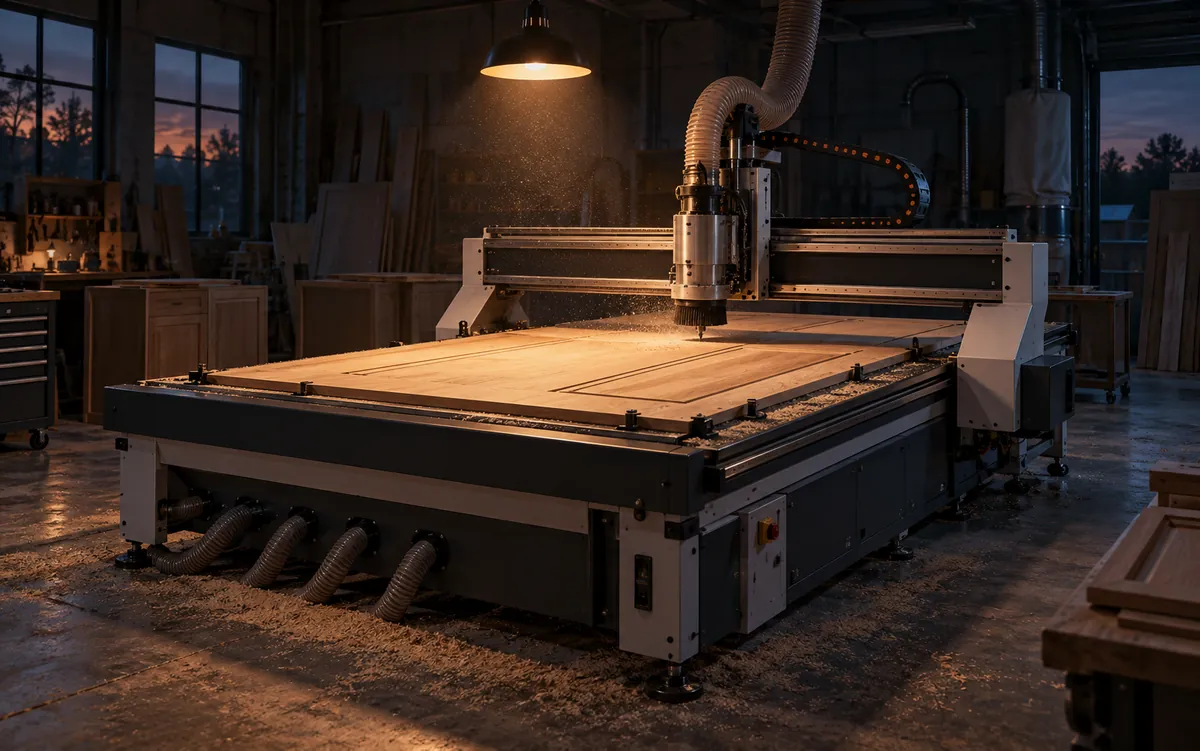 Concept render: a CNC router with a white oak panel on its vacuum table in a dim workshop at dusk