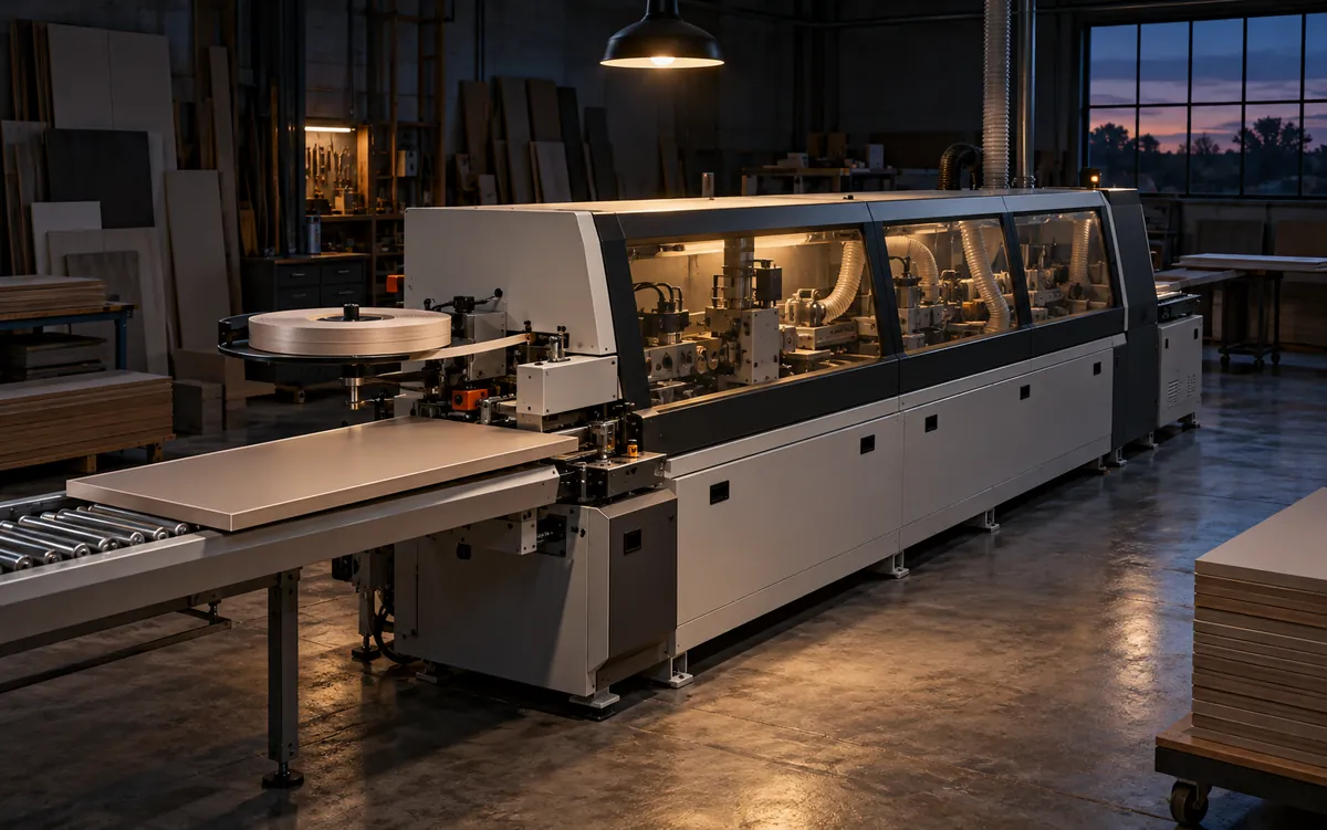 Concept render: an edge banding machine with a greige panel on its feed conveyor in a dim workshop at dusk