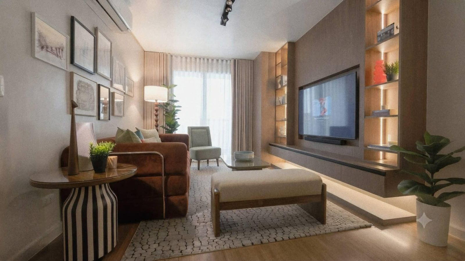 Living room with a dark media wall, lit oak shelves and a floating TV console
